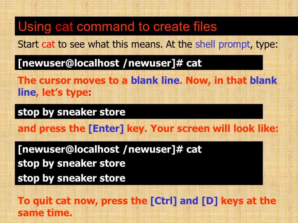 Using cat command to create files Start cat to see what this means. At